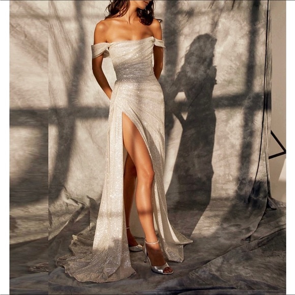 NWT LightInTheBox off the shoulder, white, sequin, floor length dress - Picture 8 of 8